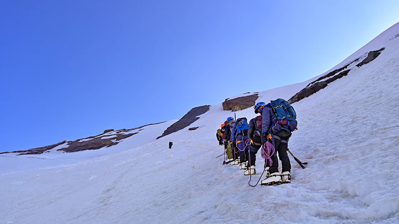 Trekkers climbing during an easy to moderate expedition.